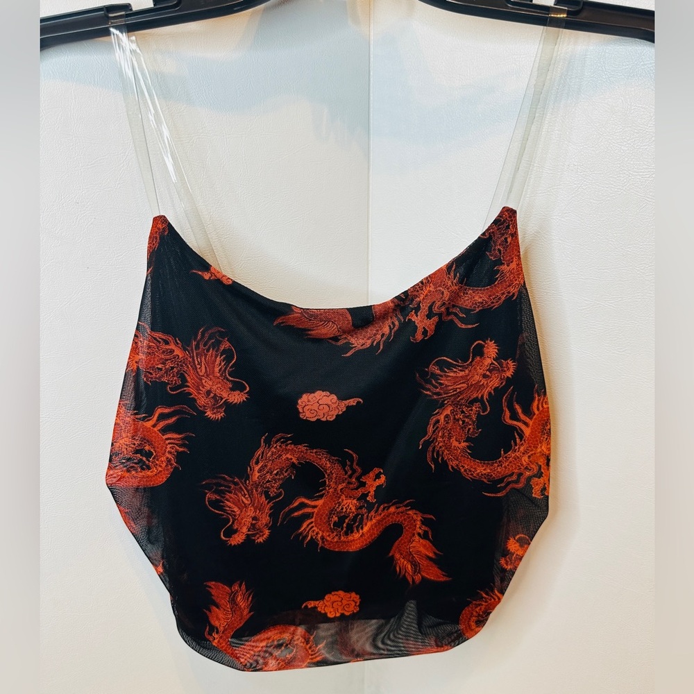 Just Polly Ruched Cropped Dragon Print Tank Top Y2K Style Red-Orange and Black